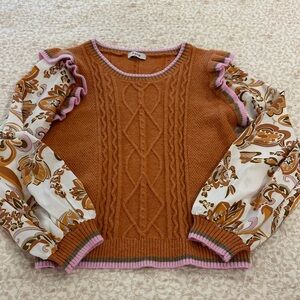 Forte Rust Cable Knit Sweater with Floral Sleeves